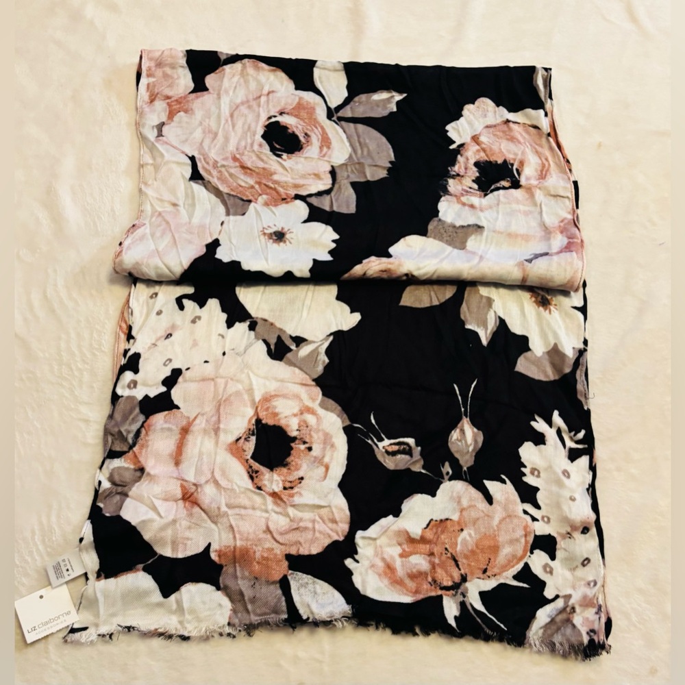 Liz Claiborne Rayon Floral Black and Pink Scarf. 27”x72” NWT